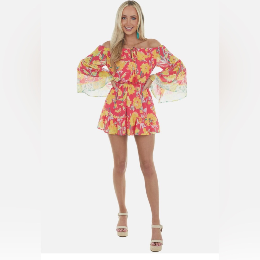 Brand new with tags, flying tomato brand, hot pink yellow, flowy floral romper